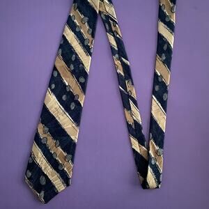 ZYLOS GEORGE MACHADO Men's 100% Italian Silk Neck Tie Navy Tan Artsy Print